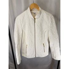 Chico’s Women’s Size 1 M White Textured Zip Front Jacket Gold Zippers picture