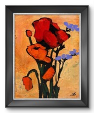 R Stevens Original 11x14 Expressionist Red Poppies Orange Background Painting picture