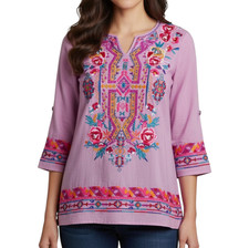 NWT Calessa Embroidered Tunic Top Blouse PINK/MULTI Floral Geo Pattern SZ L picture
