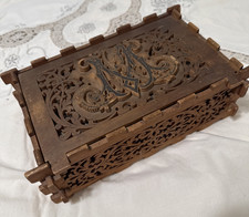 1900s American Folk Tramp Art Carved Die-Cut Wood Fret Work Box Rustic Treenware picture