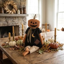 Primitive Fall Halloween Pumpkin Doll with Moon Necklace - 23.5