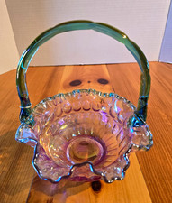 Rare Fenton Rose Magnolia Iridescent Thumbprint Basket picture