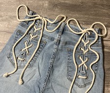 Akira Lace Me Up Flare Stretch Light Wash High Rise Jeans Size 11 (24x33) picture