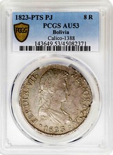 1823 Bolivia Ferdinand’s VII 8 Reales, PTS PJ Potosi Mint, PCGS AU-53, KM-84 picture