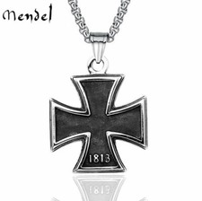 MENDEL Mens Stainless Steel 1813 1949 WW2 German Iron Cross Pendant Necklace Men picture