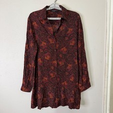 Knot Sisters Tunic Shirt Mini Dress Small Burgundy Orange Batik Floral Boho picture