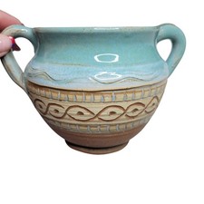 Handmade Studio Pottery Blue Glaze Terracotta Dual Handle Bowl Signed Nachmanoff picture