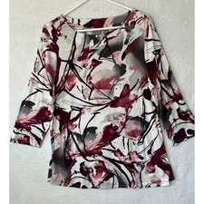 Easywear by Chicos Women Size 2 Large Abstract Floral 3/4 Sleeve Top Burgundy picture