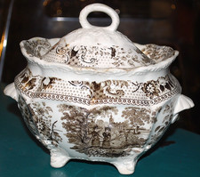 Antique OVAL TUREEN 1830s Archery BROWN TRANSFERWARE w Women Archers Bow/Arrows picture