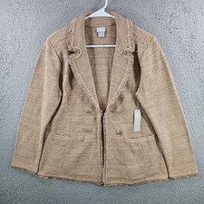 Chicos Fringe Tweed Cardigan Sweater Blazer Neutral Metallic Tan Sz 2 Large NEW picture