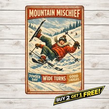 Retro Mid Century Ski Humor Wiping Out Skier Illustration Metal Tin Sign 8x12 picture