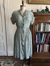 Vintage 1930s 40s Green & White Floral Midi Day Dress Casual Sheer Button Front picture