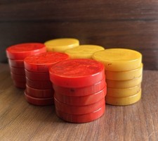 Vintage Bakelite Catalin Set Of 30 Butterscotch & Red Checkers picture