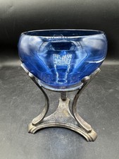 VTG Hand Blown Cobalt Blue Art Glass Bowl w/Metal Stand 10.5