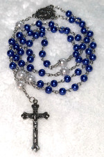 Rosary Nice Blue Beaded 6mm Faux Pearl/ Metal Virgin Mary Medallion & Crucifix picture