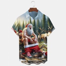 Mens Naughty Santa Bathroom Humor Ugly Christmas Hawaiian Shirt Party Gift picture