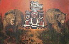Native American Painting TOTEM & bears original by PNW artist  WOW picture