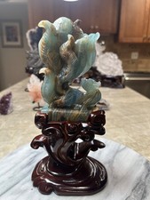 Blue Onyx nine 9 tail Fox carving with custom wood stand picture