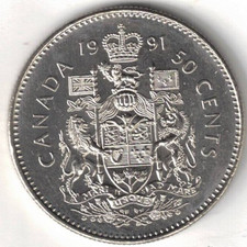 1991 Canadian Uncirculated QEII & Canada Crest Fifty Cent coin picture