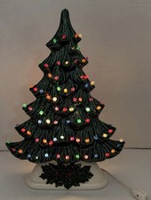 VTG Ceramic Christmas Tree Green Slim Flat Narrow Mantle Space Saver Lighted picture