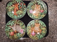 Sakura JUNGLE Set of 4 SALAD PLATES Animals Giraffe Zebra Tiger Leopard 8.25