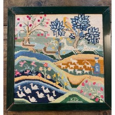 Vintage 1986 Erica Wilson MMA Needlepoint Framed Art Shepherd Swans Stags KJD picture