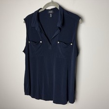 Jones New York Signature Sleeveless Blouse Size XL Navy Blue Stretch Pockets picture