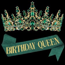 Green Birthday Queen Sash for Women Happy Birthday Crowns Princess Tiaras Sas... picture