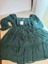 WAYF Nordstrom Green Metallic Stripe Tiered Ruffle Long Sleeve Mini Dress 2X NWT picture