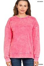 Zenana TTW-5354Y Exposed Seam Acid Washed Sweatshirt Fuchsia picture
