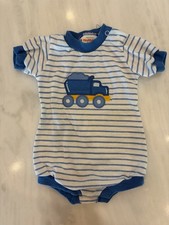 Vintage Healthtex Baby Boy Romper 9M Blue Striped Dump Truck Made USA picture