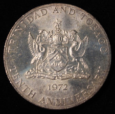 1972 Trinidad and Tobago 5 Dollar Silver Coin Independence AU Bright Mint Luster picture