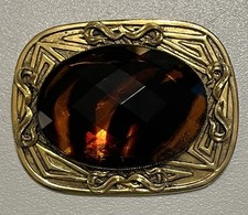 Vintage FREIRICH Victorian Revival Brooch Ornate Gold Tone Root Beer Glass picture