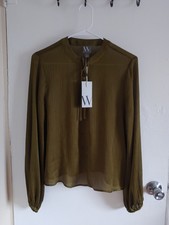 NEW with Tags NWT Worthington Front Tie Neck Blouse Olive Hudson Green Women's S picture