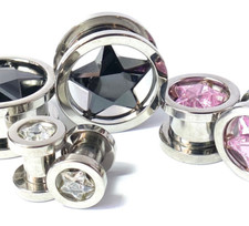 PAIR Star CZ Gem Screw Fit Tunnels Plugs Gauges Earlets Body Jewelry Piercing picture
