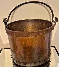 Antique Style Heavy Hammered Copper Cauldron Kettle Riveted Iron Handle 15 pound picture