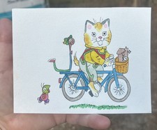 Original Art ACEO Miniature ATC Lowly the Worm Richard Scarry Huckle Cat Bike picture
