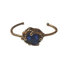 Vintage Brutalist Cuff Bracelet In Brass W/  Blue Glass Cabochon Stone picture