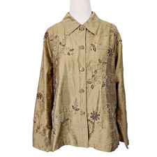 CHICO'S DESIGN Top Blouse Size 3 Raw Silk Floral Button Up Beaded Artsy Women XL picture