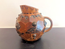 Vintage French  Wood Carved Pitcher ,Wood Burned, Metal decorations, marked Nice picture