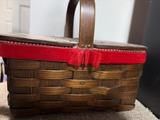Vintage 1970s Wooden Handle Flower Picnic Basket Purse Wicker Hand Painted picture