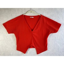Zara Womens Orange Textured Crepe Deep V-Neck Split Hem Dolman Top Small picture