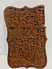 DEFECTIVE Antique Chinese Carved Wood Card Case Box G3D picture