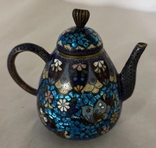 Antique Japanese Cloisonné Enamel Teapot Butterflies Ginbari 3.75”T Meiji Period picture