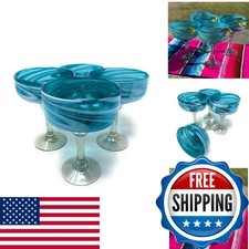 Dos Sueños Mexican Hand Blown Set of 4 Margarita Glasses Aqua Swirl 16 oz picture
