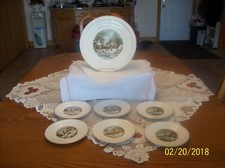 Harker Ware Pottery Made USA Currier & Ives Vtg Cake Plate & 6 Dessert Plates picture