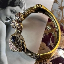 Vtg Kirk’s Folly Snake Hinged Bracelet - Rhinestone Coil - Goldtone - Sz 6.75 picture