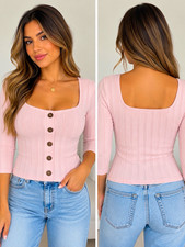 Free People Pink Ribbed Knit Square Neck Button Front 3/4 Sleeve Top S picture