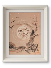 KYMA Original Acrylic 9x12 Folk Halloween Moon Face Drawing Signed Art On Paper picture