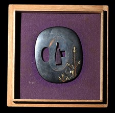 Tsuba Japanese antique metal work Shakudo Mumei New Year's pine decorations Edo picture